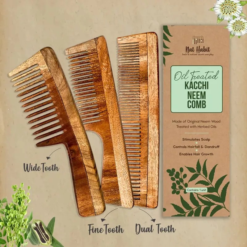 Nat Habit Oil Treated Kacchi Neem Wide + Dual Comb Combo (2units)