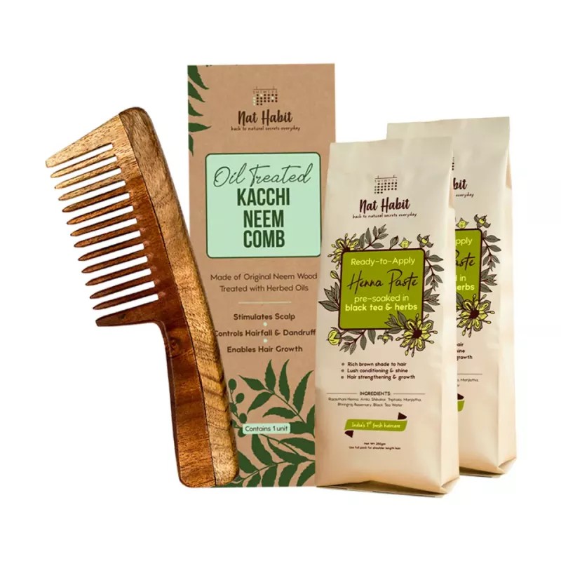 Nat Habit Wide Tooth Wooden Kacchi Neem Comb & Henna Paste Soaked (Comb 1Pcs + 2 Pack Paste Each 220g) (1Pack)