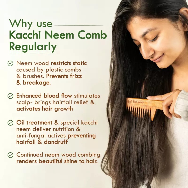 Nat Habit Wide Tooth Wooden Kacchi Neem Comb & Henna Paste Soaked (Comb 1Pcs + 2 Pack Paste Each 220g) (1Pack)