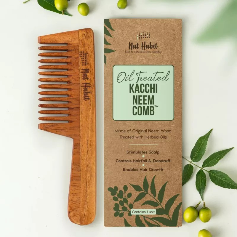 Nat Habit Wide Tooth Wooden Kacchi Neem Comb & Henna Paste Soaked (Comb 1Pcs + 2 Pack Paste Each 220g) (1Pack)