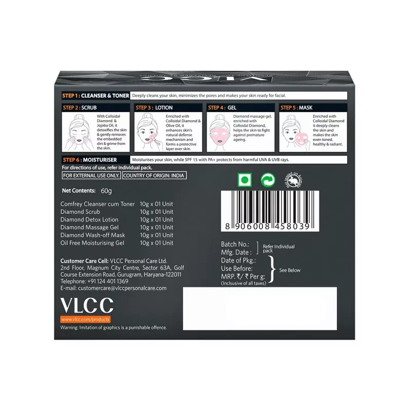 VLCC Diamond Facial Kit (Toner 10g + Scrub 10g + Gel 10g + Cream 10g + Mask 10g + Moisturizing Gel 10g) (1Pack)