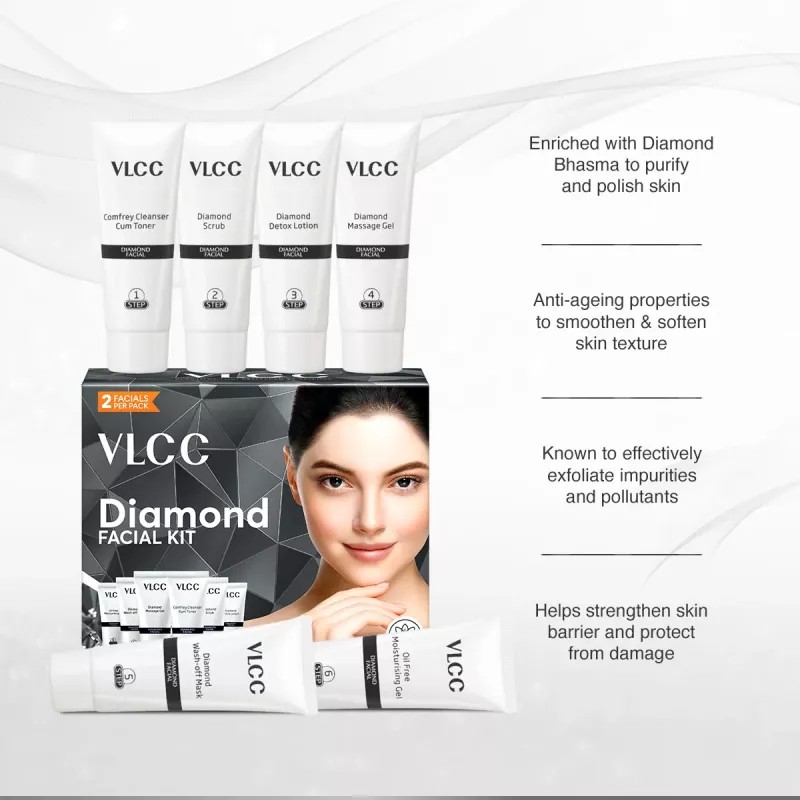 VLCC Diamond Facial Kit (Toner 10g + Scrub 10g + Gel 10g + Cream 10g + Mask 10g + Moisturizing Gel 10g) (1Pack)