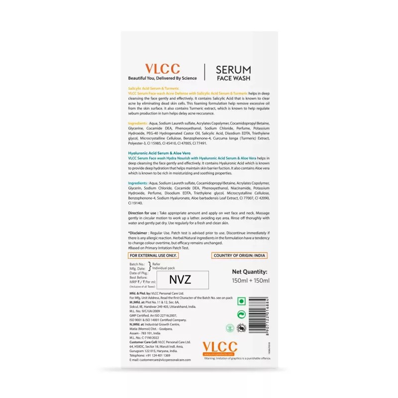 VLCC Salicylic Acid & Turmeric Serum Facewash For Am & Aloe Vera Serum Facewash For Pm (Buy 1 Get 1 Free) (150ml Each) (1Pack)