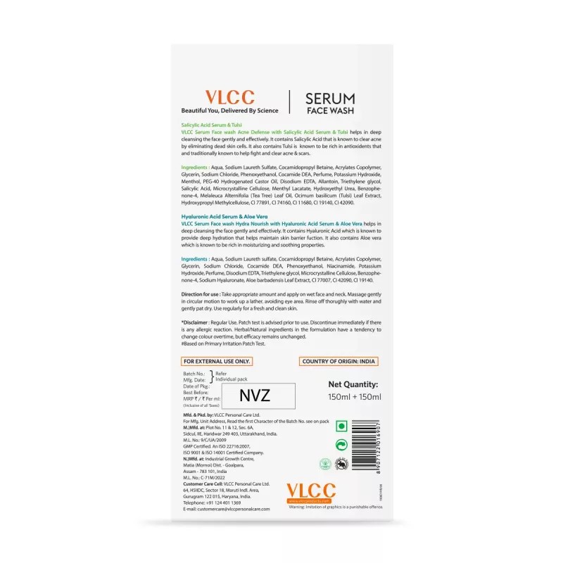 VLCC Salicylic Acid & Tulsi Serum Facewash For Am & Aloe Vera Serum Facewash For Pm (Buy 1 Get 1 Free) (150ml Each) (1Pack)