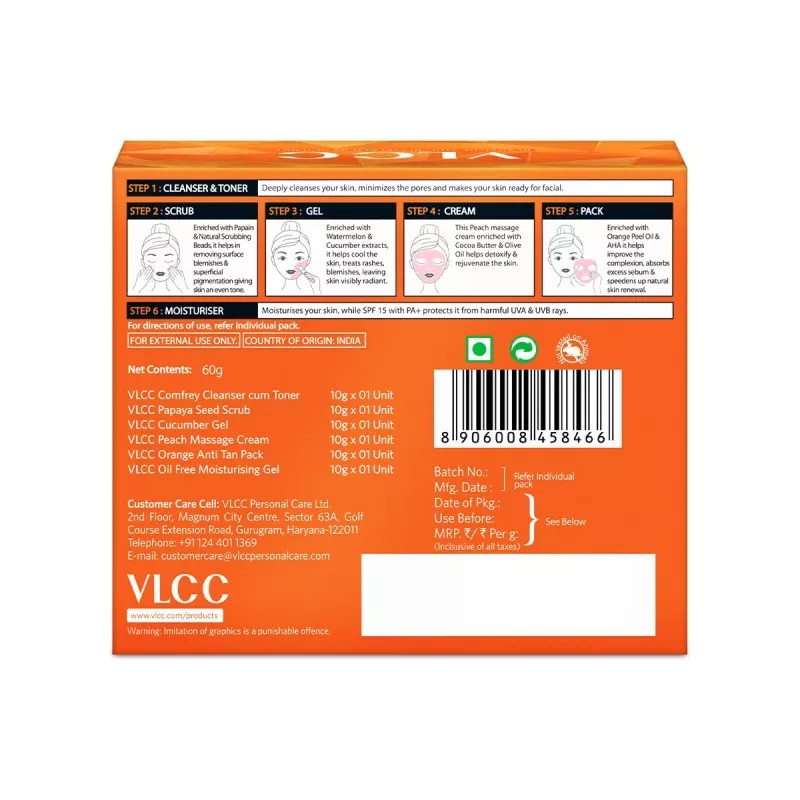 VLCC Papaya Fruit Facial Kit (Toner 10g + Scrub 10g +Gel 10g + Cream 10g + Anti tan Pack 10g + Moisturising Gel 10g) (1Pack)