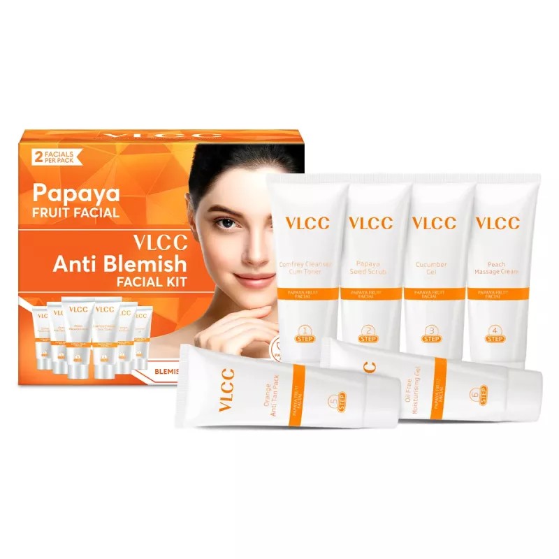 VLCC Papaya Fruit Facial Kit (Toner 10g + Scrub 10g +Gel 10g + Cream 10g + Anti tan Pack 10g + Moisturising Gel 10g) (1Pack)