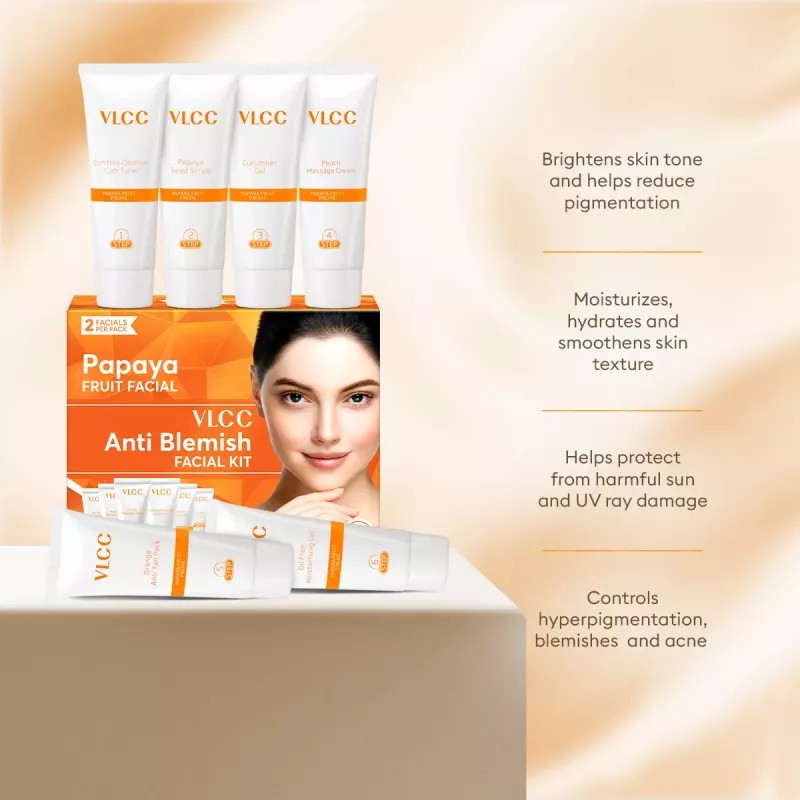 VLCC Papaya Fruit Facial Kit (Toner 10g + Scrub 10g +Gel 10g + Cream 10g + Anti tan Pack 10g + Moisturising Gel 10g) (1Pack)