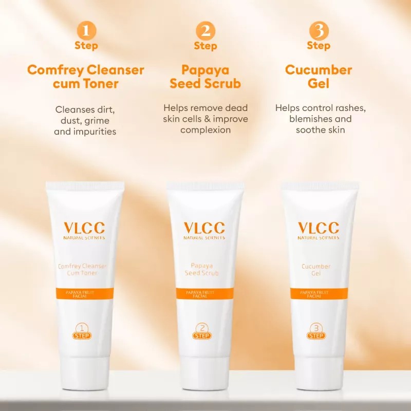 VLCC Papaya Fruit Facial Kit (Toner 10g + Scrub 10g +Gel 10g + Cream 10g + Anti tan Pack 10g + Moisturising Gel 10g) (1Pack)