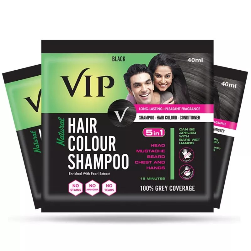 VIP Natural Hair Colour Shampoo Black For Men And Women Shampoo (40ml, Pack of 3)