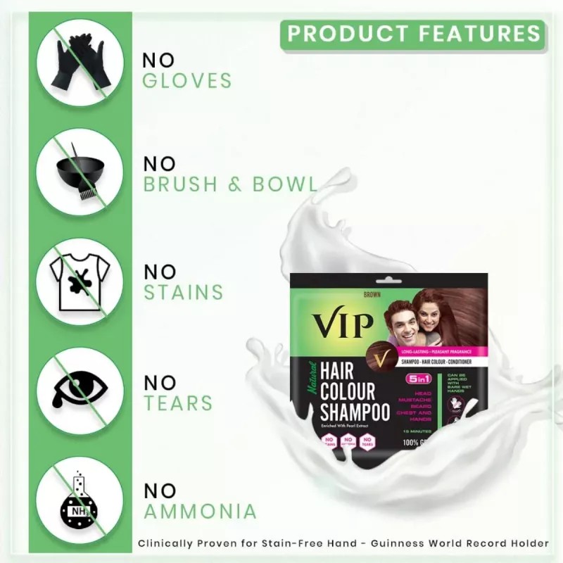 VIP Natural Hair Colour Shampoo Brown For Men And Women Shampoo (20ml, Pack of 5)