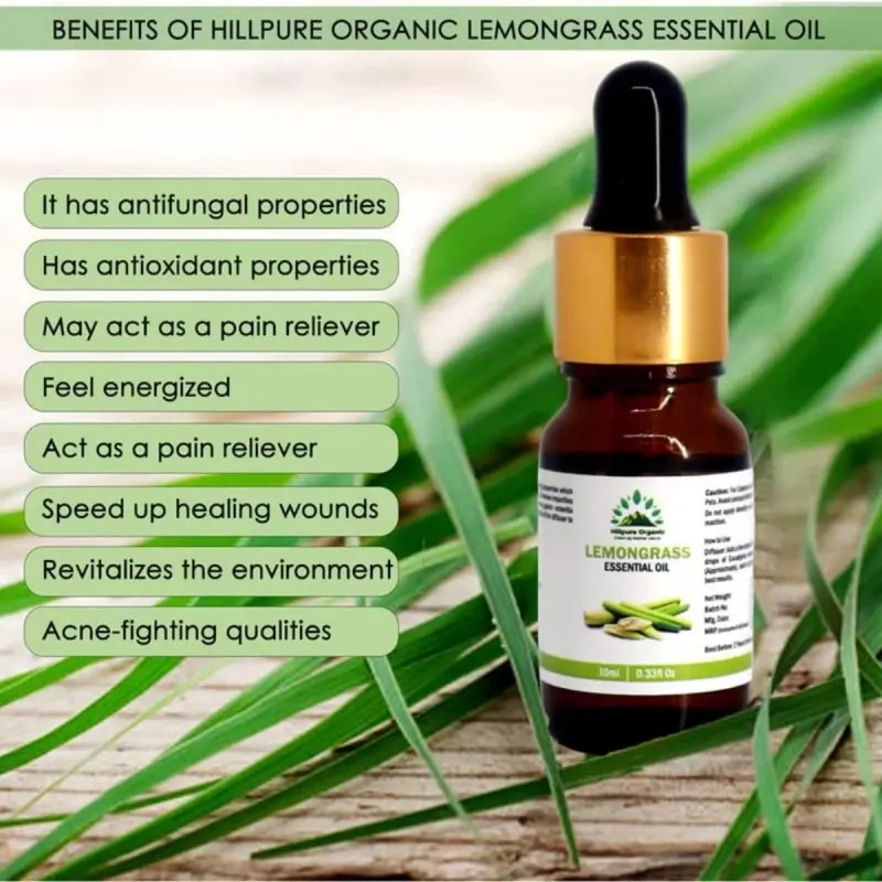 Hillpure Organic Lemongrass Essential Oil (10ml, Pack of 2)
