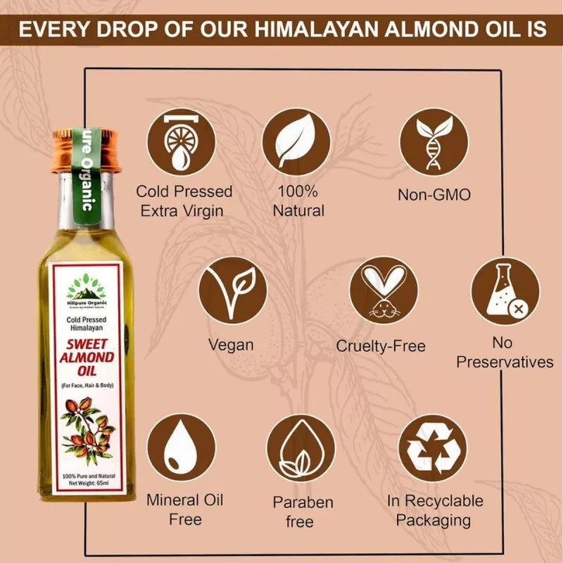 Hillpure Organic Sweet Almond Oil (65ml, Pack of 2)