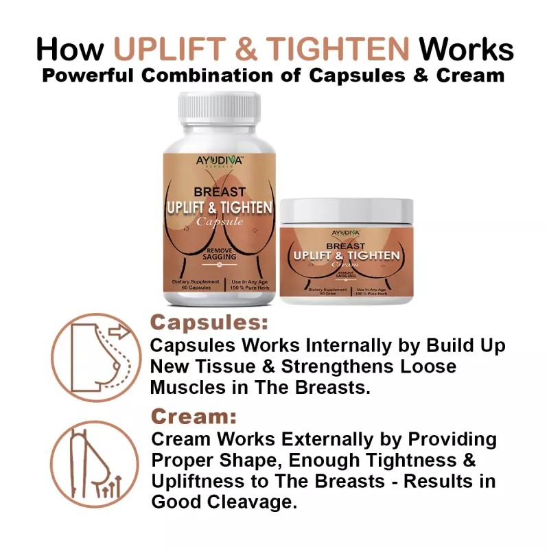 Ayudiva Herbals Breast Uplift & Tighten Capsules + Breast Uplift & Tightening Cream (60Capsules + Cream 50g) (1Pack)