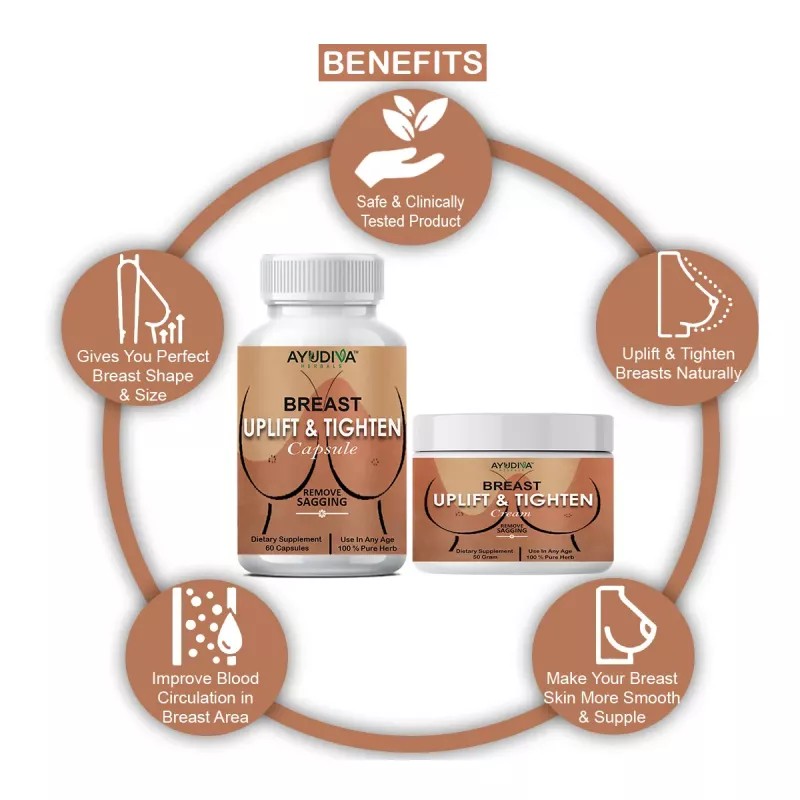 Ayudiva Herbals Breast Uplift & Tighten Capsules + Breast Uplift & Tightening Cream (60Capsules + Cream 50g) (1Pack)