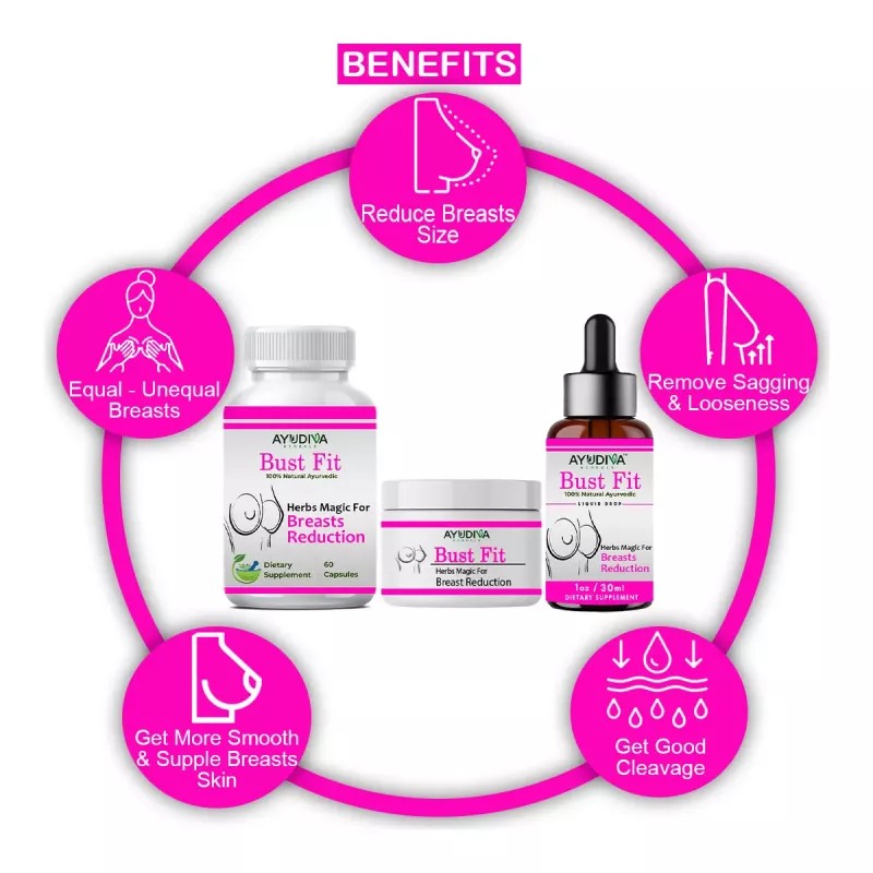Ayudiva Herbals Bust Fit Breasts Reduction Capsules + Bust Fit Breast Reduction Cream + Bust Fit Liquid Drops (60Capsules + Cream 50g + Drops 30ml) (1Pack)