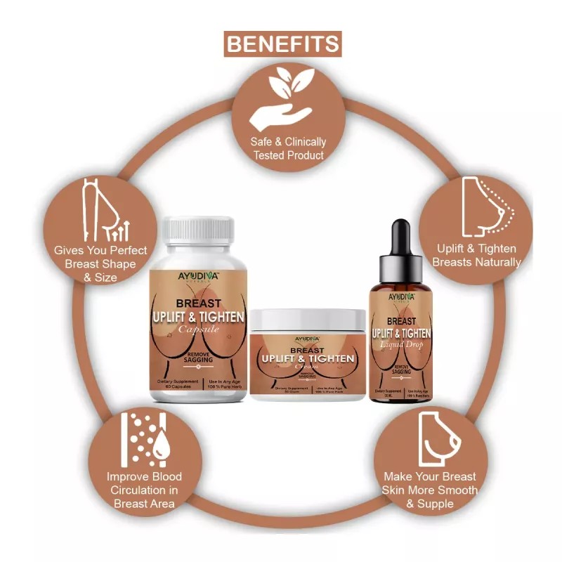 Ayudiva Herbals Breast Uplift & Tighten Capsules + Breast Uplift & Tighten Cream + Breast Uplift & Tighten Liquid Drops (60Capsules + Cream 50g + Drops 30ml) (1Pack)