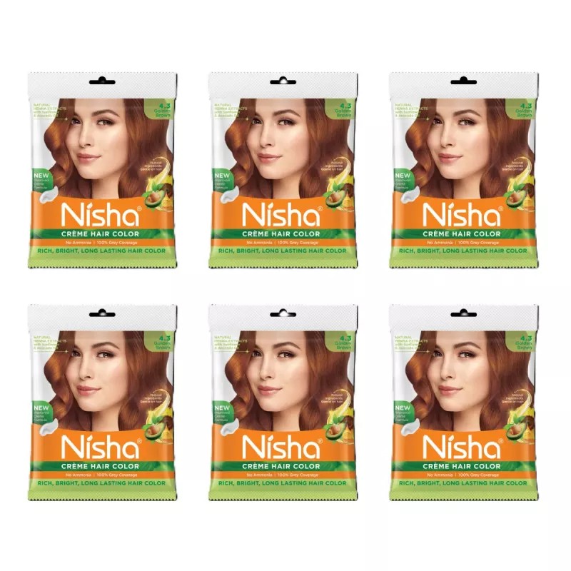 Nisha Creme Hair Color 4.3 Golden Brown (Pouch Pack) (Colorant 20g + Developer 20ml) (40g, Pack of 6)