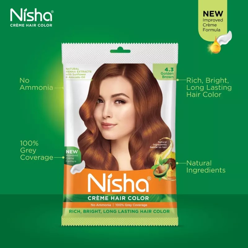 Nisha Creme Hair Color 4.3 Golden Brown (Pouch Pack) (Colorant 20g + Developer 20ml) (40g, Pack of 6)