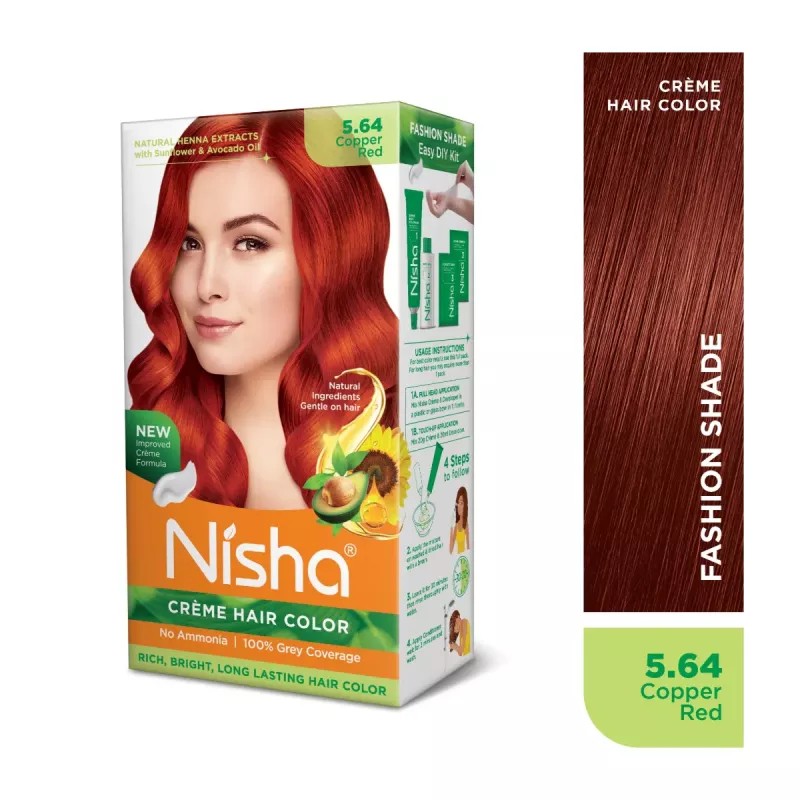 Nisha Creme Hair Color 5.64 Copper Red Combo (Developer 60ml, Colorant Tube 60gm, Conditioner 6ml (Box) + 40gm Pouch) (1Pack)