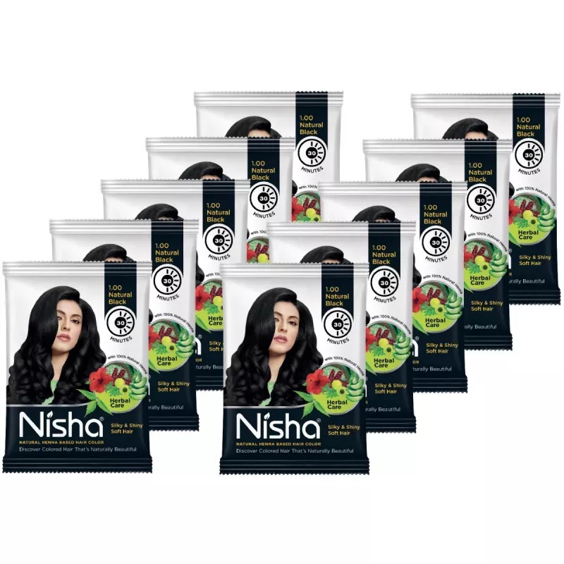 Nisha Henna Based Hair Color Natural Black Powder 1.00 (10g, Pack of 10)