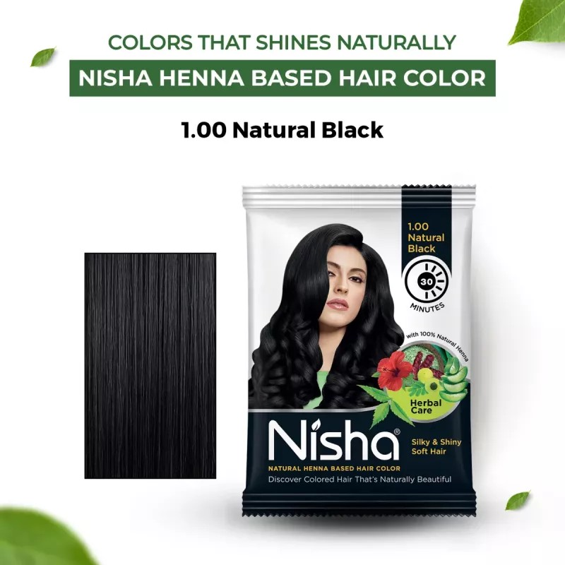 Nisha Henna Based Hair Color Natural Black Powder 1.00 (25g, Pack of 10)