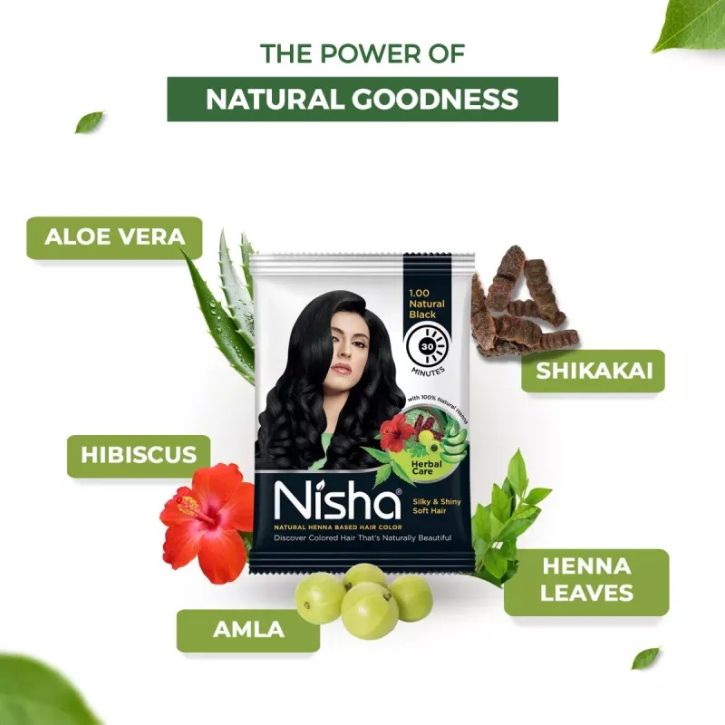Nisha Henna Based Hair Color Natural Black Powder 1.00 (25g, Pack of 10)