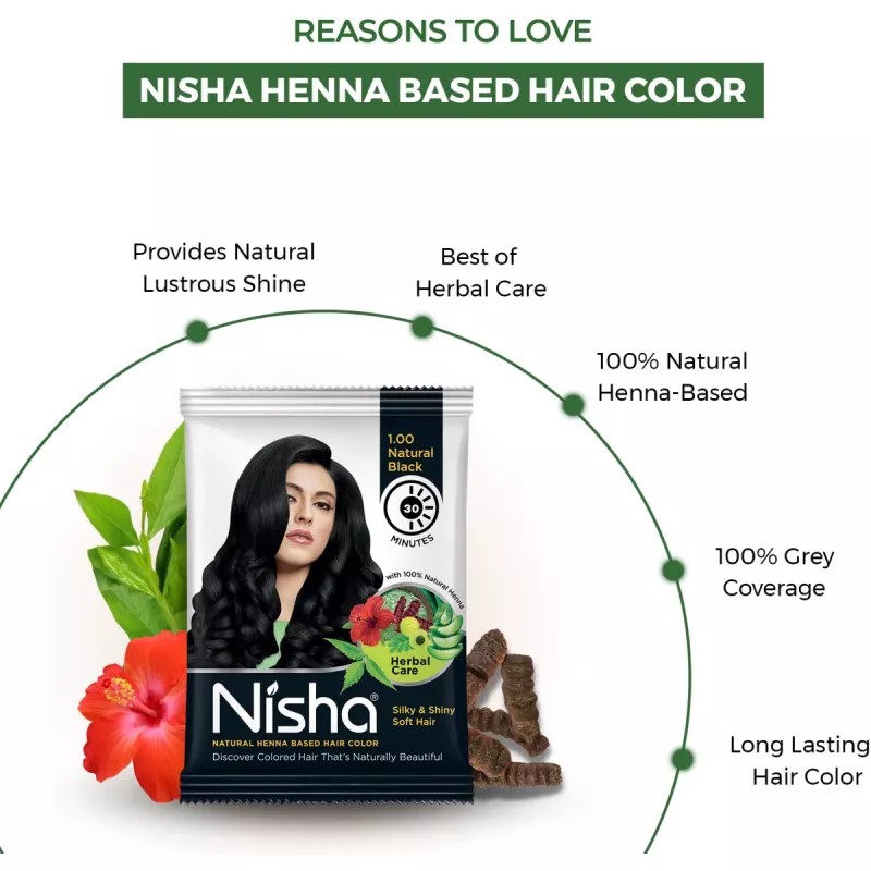 Nisha Henna Based Hair Color Natural Black Powder 1.00 (25g, Pack of 10)