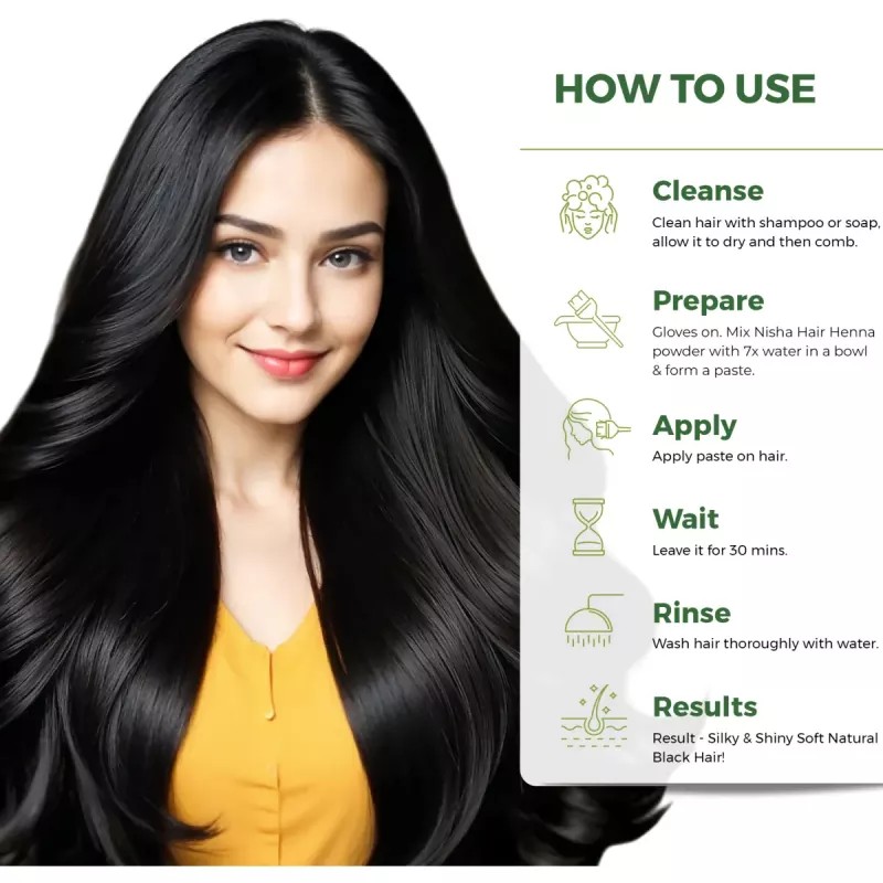 Nisha Henna Based Hair Color Natural Black Powder 1.00 (25g, Pack of 10)