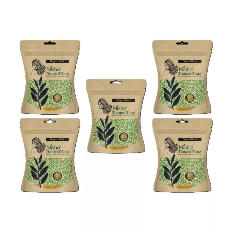 Nisha Nature Mate Henna Based Hair Color Original Black Powder (45g, Pack of 5)