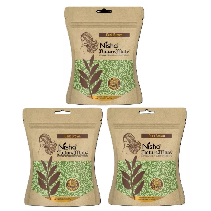 Nisha Nature Mate Henna Based Hair Color Dark Brown Powder (45g, Pack of 3)