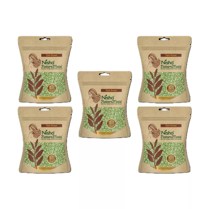Nisha Nature Mate Henna Based Hair Color Dark Brown Powder (45g, Pack of 5)