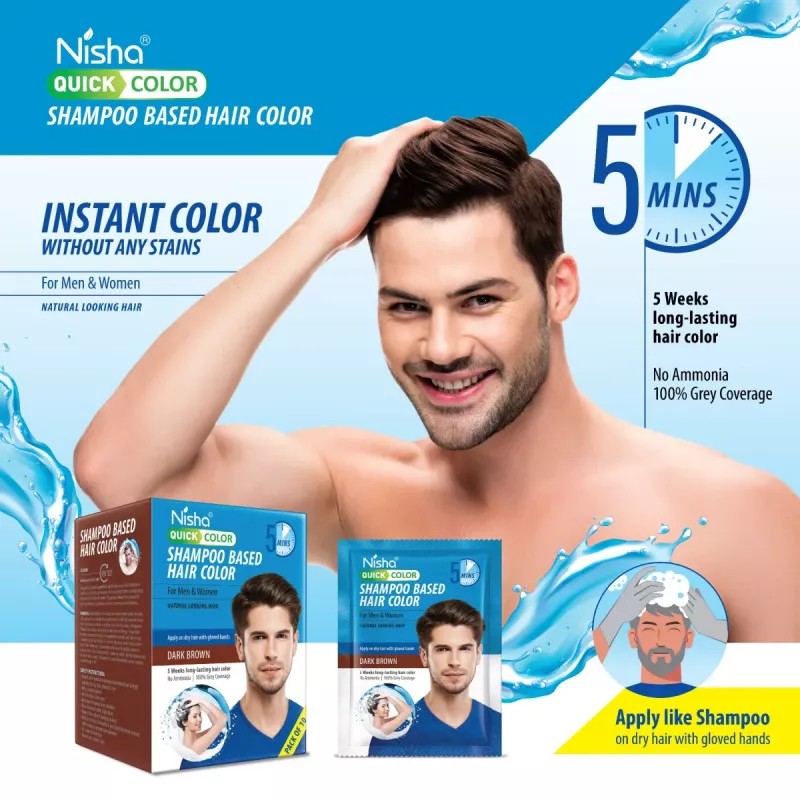 Nisha 5 Minutes Quick Hair Color Shampoo Dark Brown (20ml, Pack of 10)