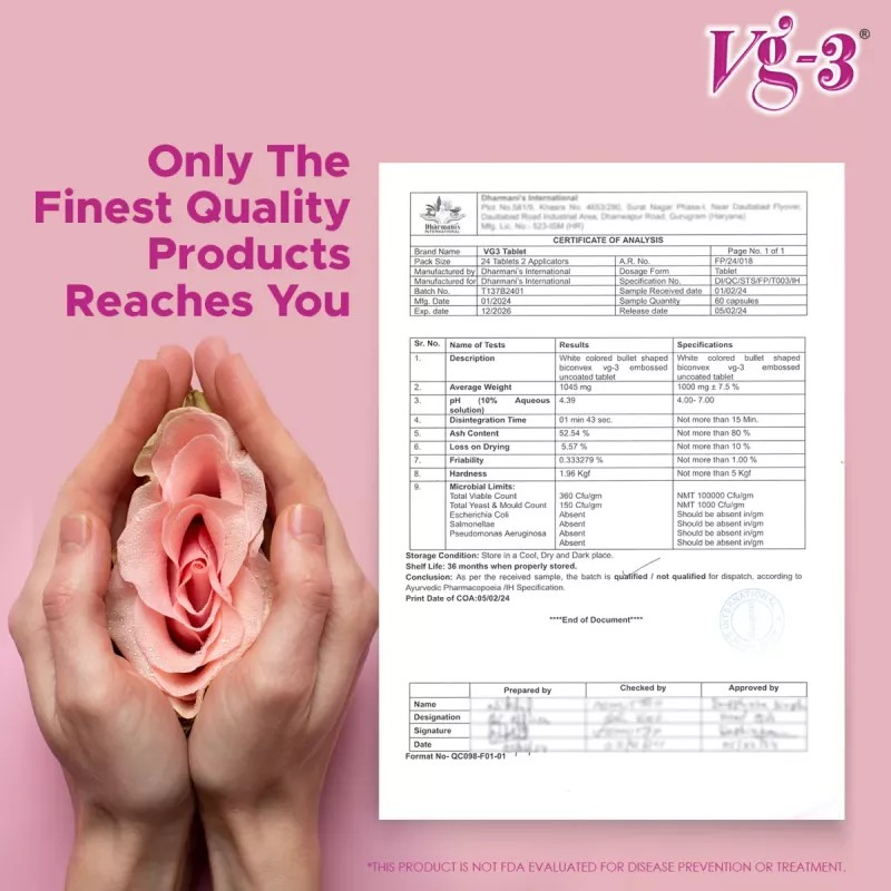 Dharmanis International Vg-3 Tablets + Vg Wash Intimate Wash For Women (24 Tabs With 2 Applicators + Intimate Wash 100ml) (1Pack)