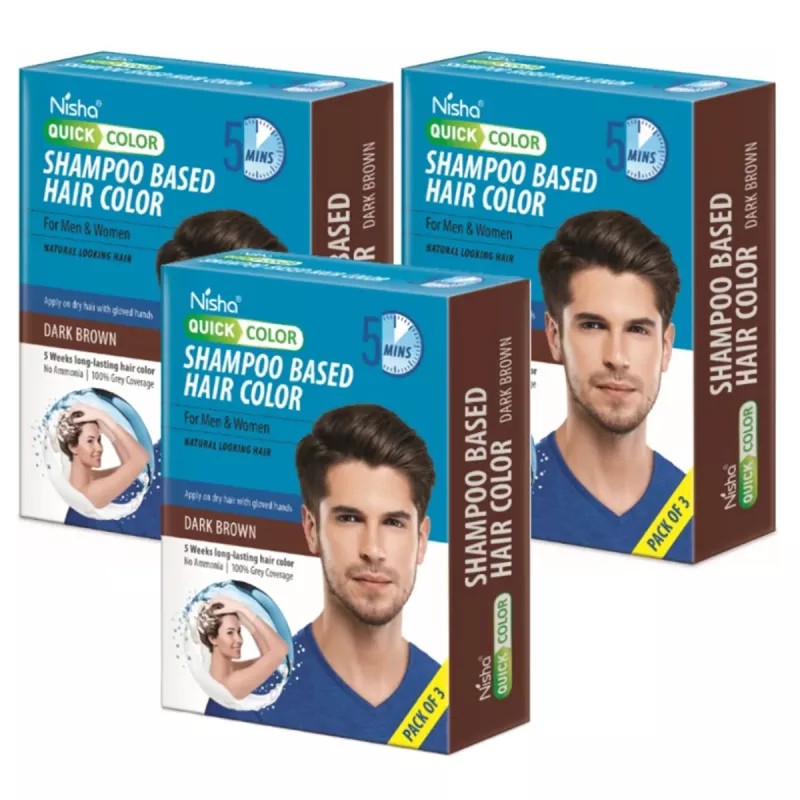 Nisha 5 Minutes Quick Hair Color Shampoo Dark Brown (60ml, Pack of 3)