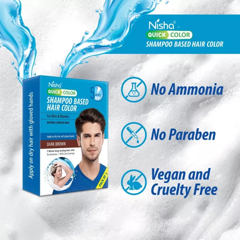 Nisha 5 Minutes Quick Hair Color Shampoo Dark Brown (60ml, Pack of 3)