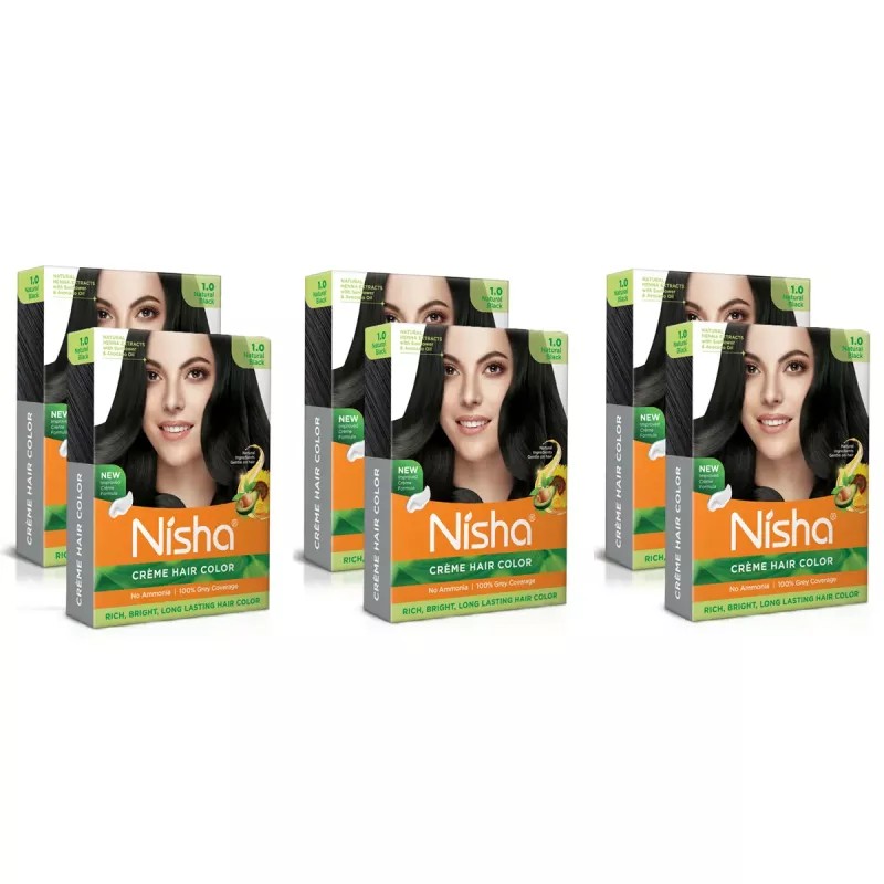 Nisha Creme Hair Color 1.0 Natural Black (Colorant 20g + Developer 20ml) (1Pack, Pack of 6)