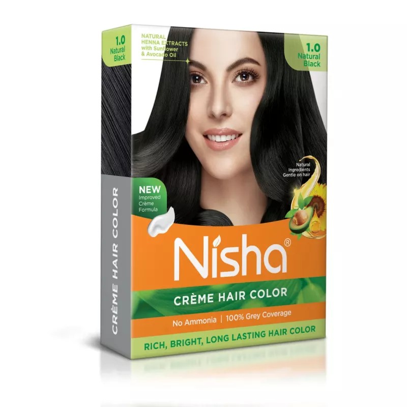 Nisha Creme Hair Color 1.0 Natural Black (Colorant 20g + Developer 20ml) (1Pack, Pack of 6)
