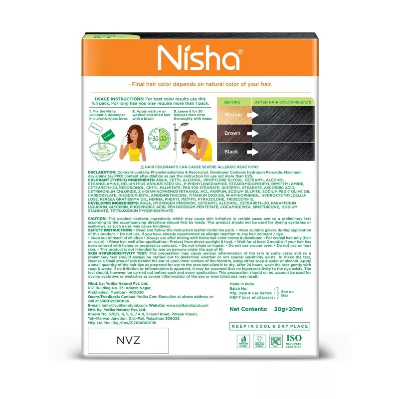 Nisha Creme Hair Color 1.0 Natural Black (Colorant 20g + Developer 20ml) (1Pack, Pack of 6)