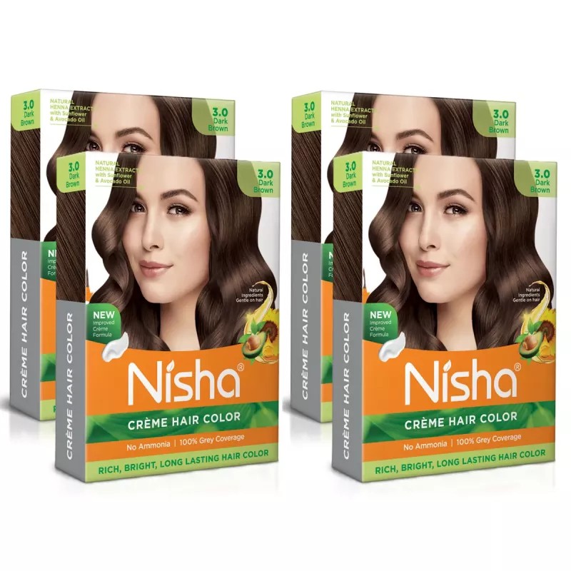 Nisha Creme Hair Color 3.0 Dark Brown (Colorant 20g + Developer 20ml) (1Pack, Pack of 4)