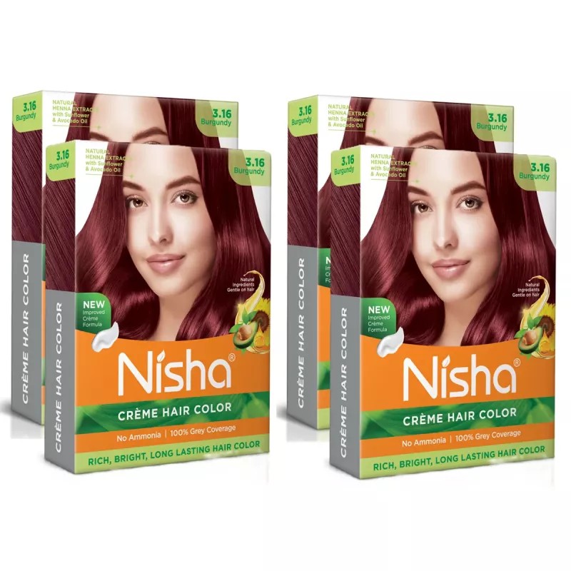 Nisha Creme Hair Color 3.16 Burgundy (Colorant 20g + Developer 20ml) (1Pack, Pack of 4)