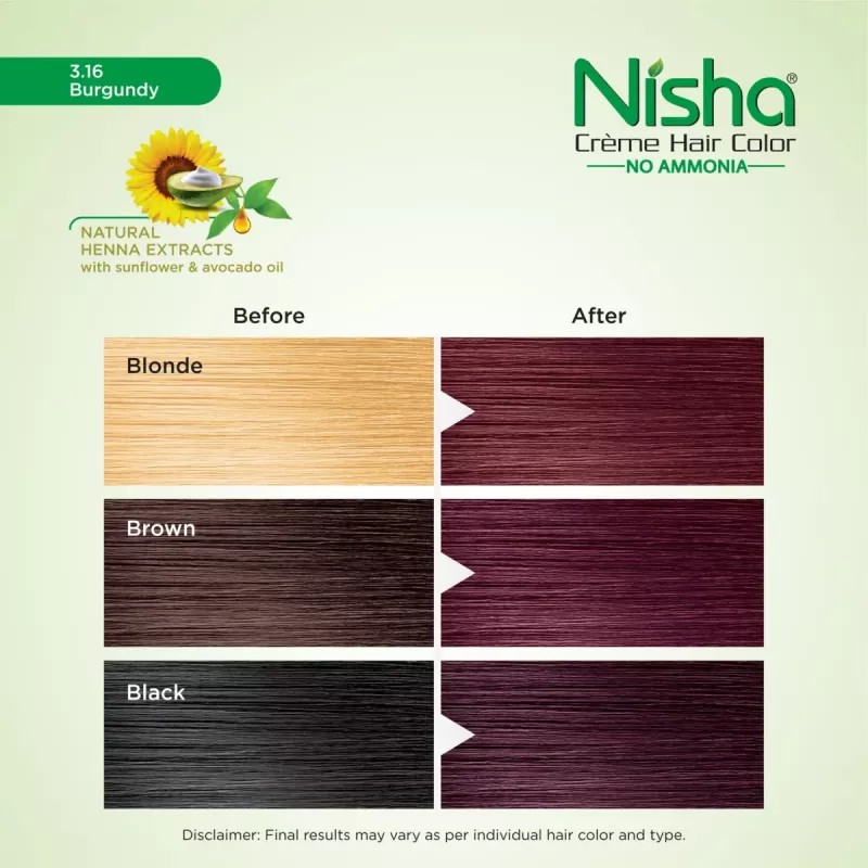 Nisha Creme Hair Color 3.16 Burgundy (Colorant 20g + Developer 20ml) (1Pack, Pack of 4)