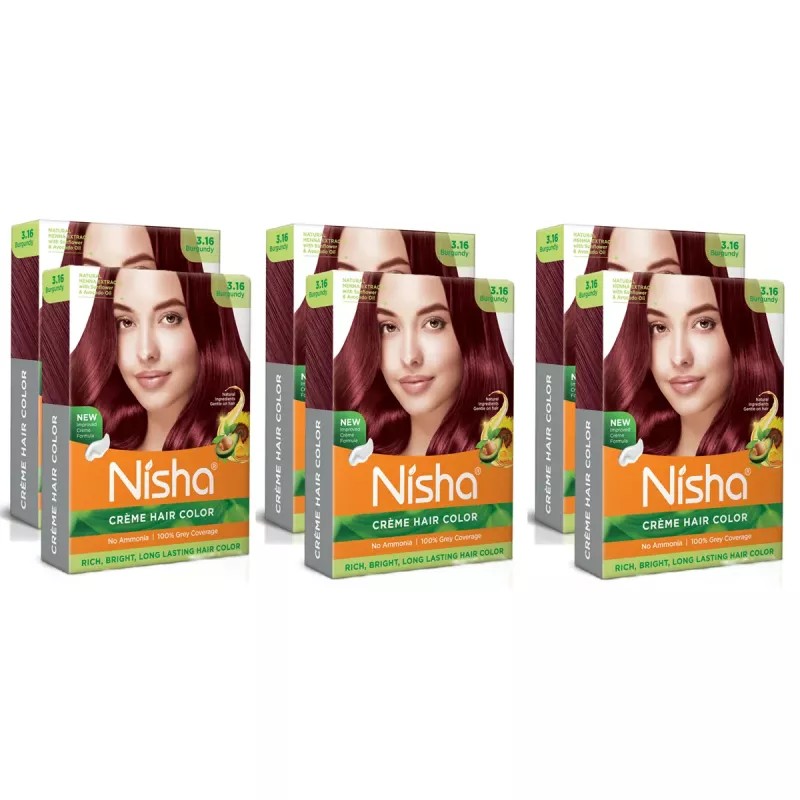 Nisha Creme Hair Color 3.16 Burgundy (Colorant 20g + Developer 20ml) (1Pack, Pack of 6)