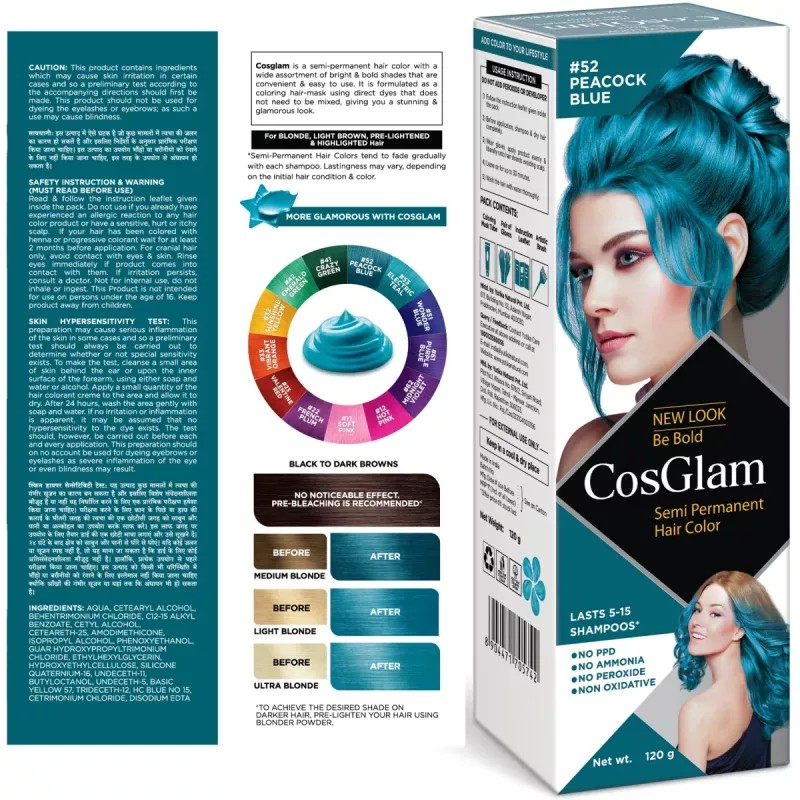Cosglam Semi Permanent Hair Color (52 Peacock Blue) (120g)