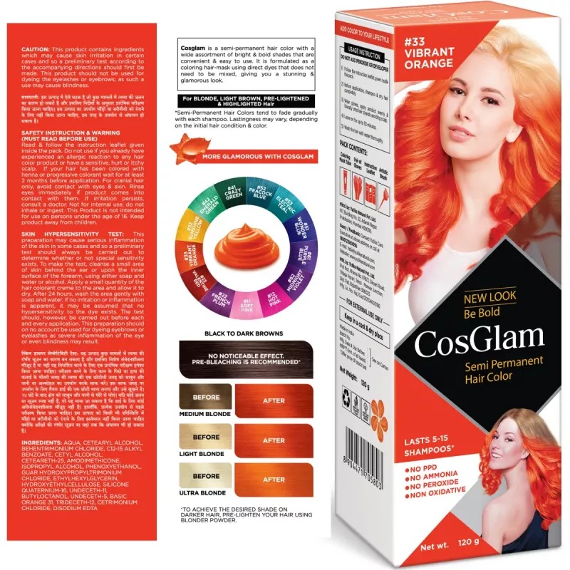 Cosglam Semi Permanent Hair Color (33 Vibrant Orange) (120g)