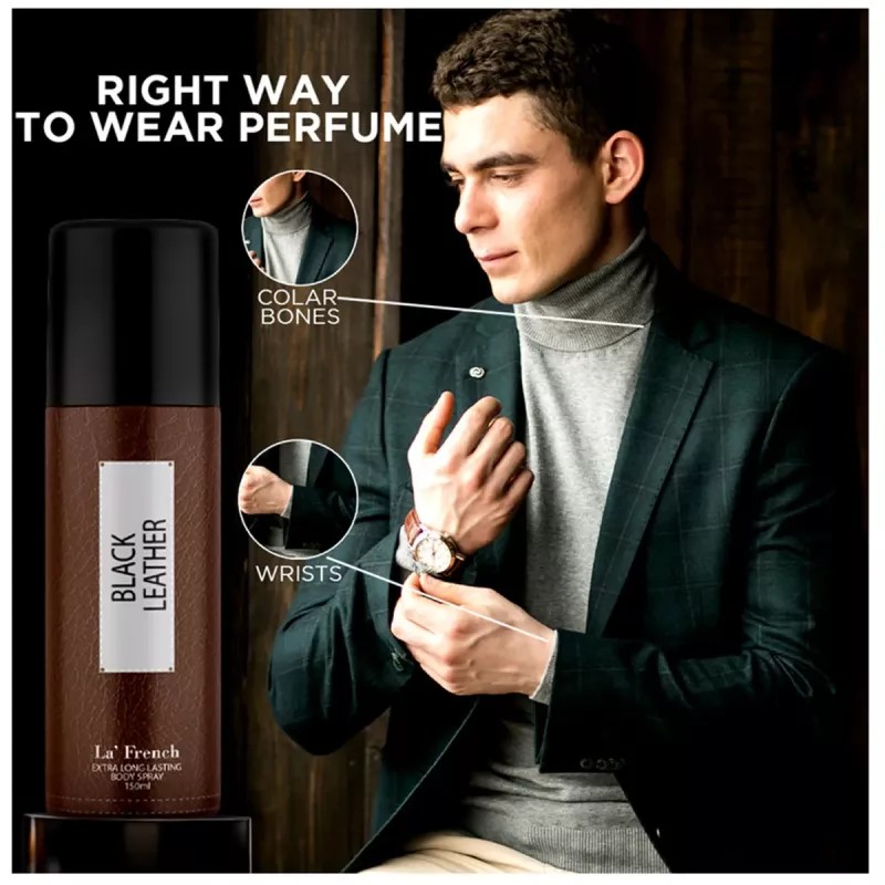 LA French Black Leather Extra Long Lasting Body Spray For Men (150ml)