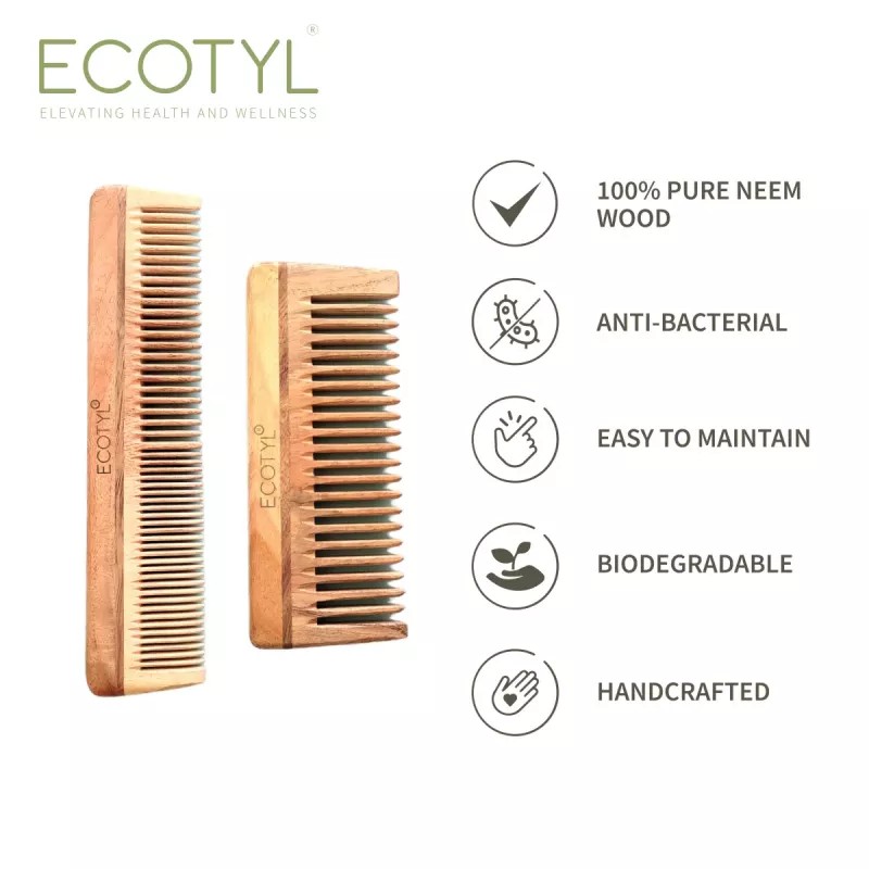 Ecotyl Neem Wood Comb Detangling Comb & Shampoo Comb (2pcs)