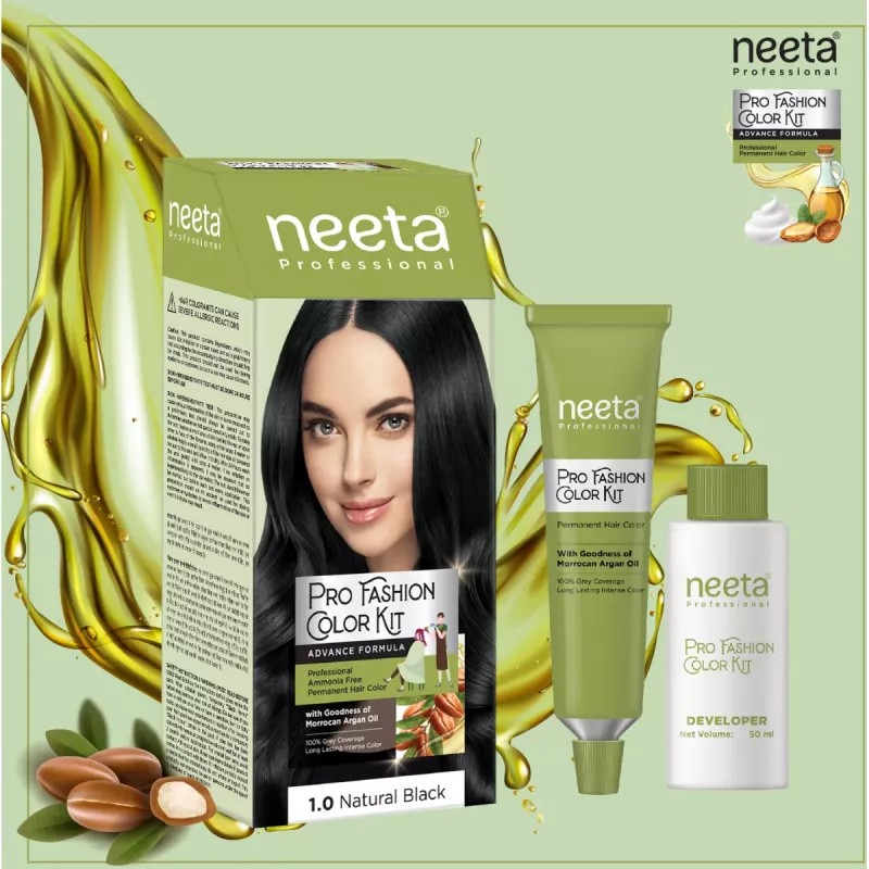 Neeta Pro Fashion Color Kit 1.0 Natural Black (Developer Bottle 50ml + Hair Colorant Tube 50g) (1Kit)