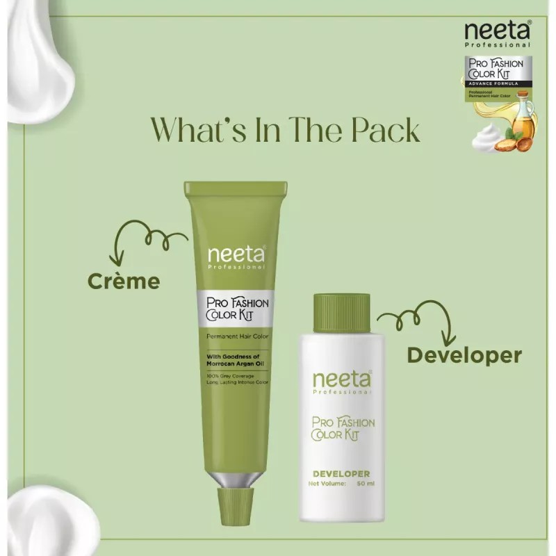 Neeta Pro Fashion Color Kit 1.0 Natural Black (Developer Bottle 50ml + Hair Colorant Tube 50g) (1Kit)