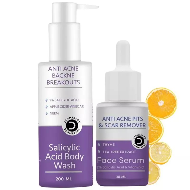 Dermistry Anti Acne Salicylic Acid Body Wash + Anti Acne Face Serum (200ml + 30ml) (1Pack)