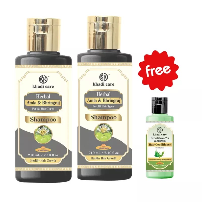 Khadi Care Herbal Amla & Bhringraj Shampoo Free Green Tea Aloevera Hair Conditioner (Shampoo Each 210ml + Free Condition 30ml) (1Pack, Pack of 2)